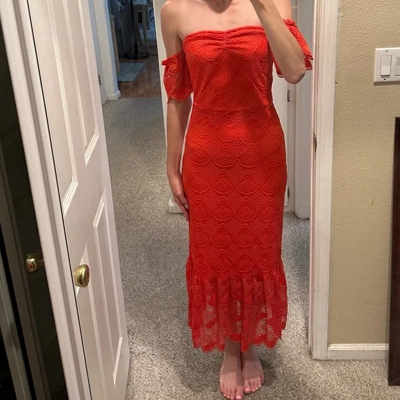 AQUA Red Lace Midi Dress
